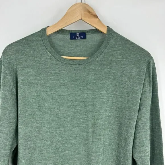 Tincati Milano Sweater Size 52 Mens XL Green Cashmere Silk Crew Neck Pullover